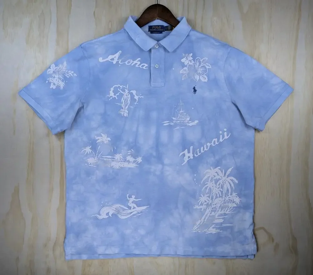 Polo Ralph Lauren Men's Large Classic Fit Polo Blue Aloha Hawaiian Tie Dye